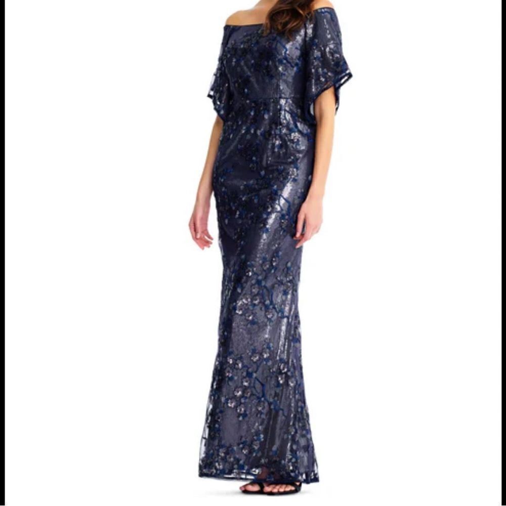 Aidan Mattox Blue Sequin Off the Shoulder Dress Gown Long 6